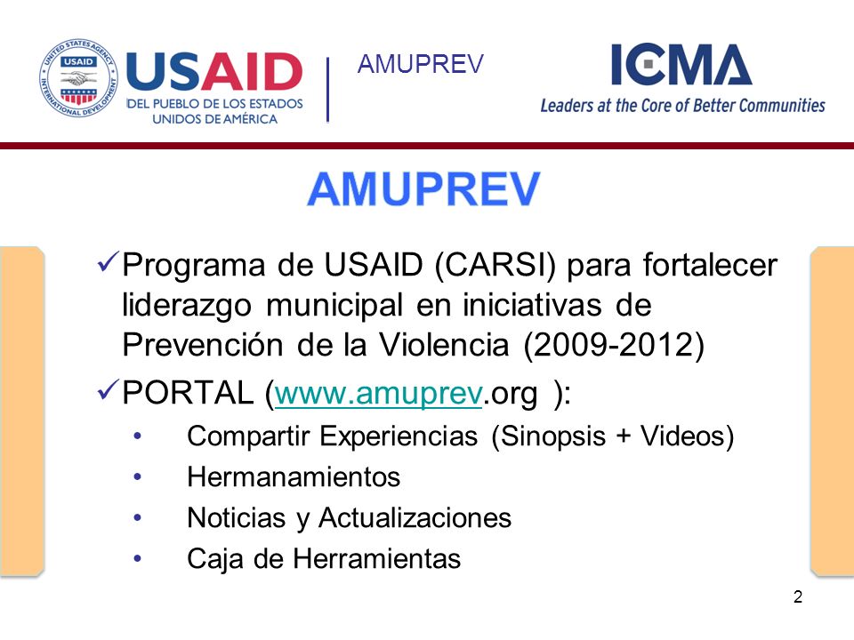 AMUPREV AMUPREV. Programa de USAID (CARSI) para fortalecer liderazgo municipal en iniciativas de Prevención de la Violencia ( )