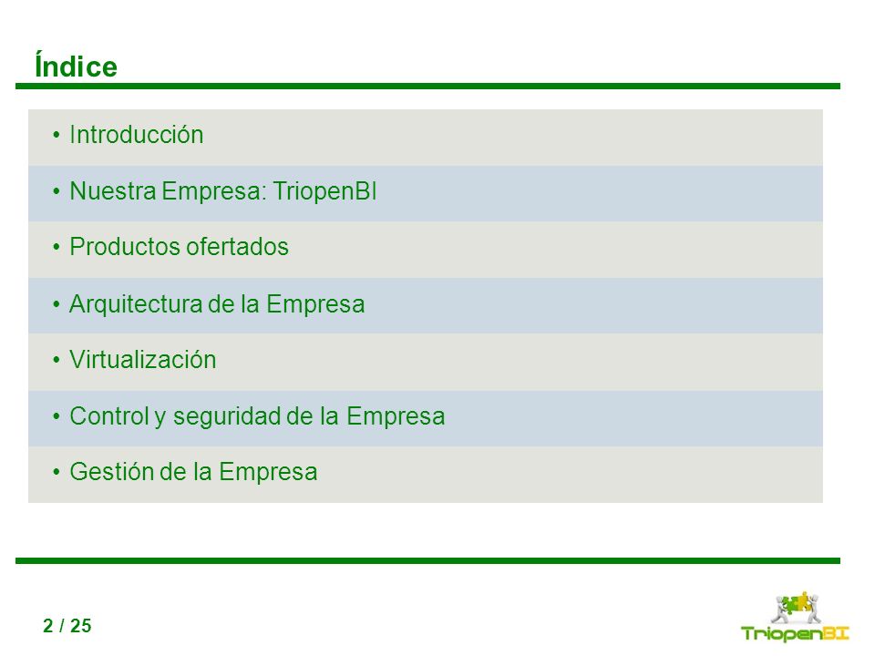 Índice Introducción Nuestra Empresa: TriopenBI Productos ofertados