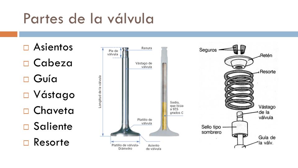 Partes de la válvula Asientos Cabeza Guía Vástago Chaveta Saliente