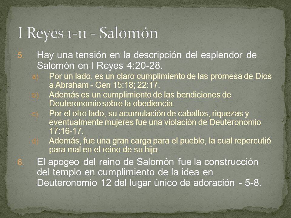 I Reyes Salomón Hay una tensión en la descripción del esplendor de Salomón en I Reyes 4: