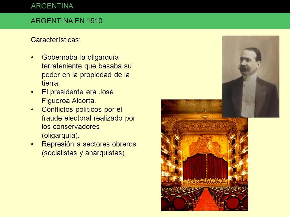 ARGENTINA ARGENTINA EN Características: Gobernaba la oligarquía terrateniente que basaba su poder en la propiedad de la tierra.