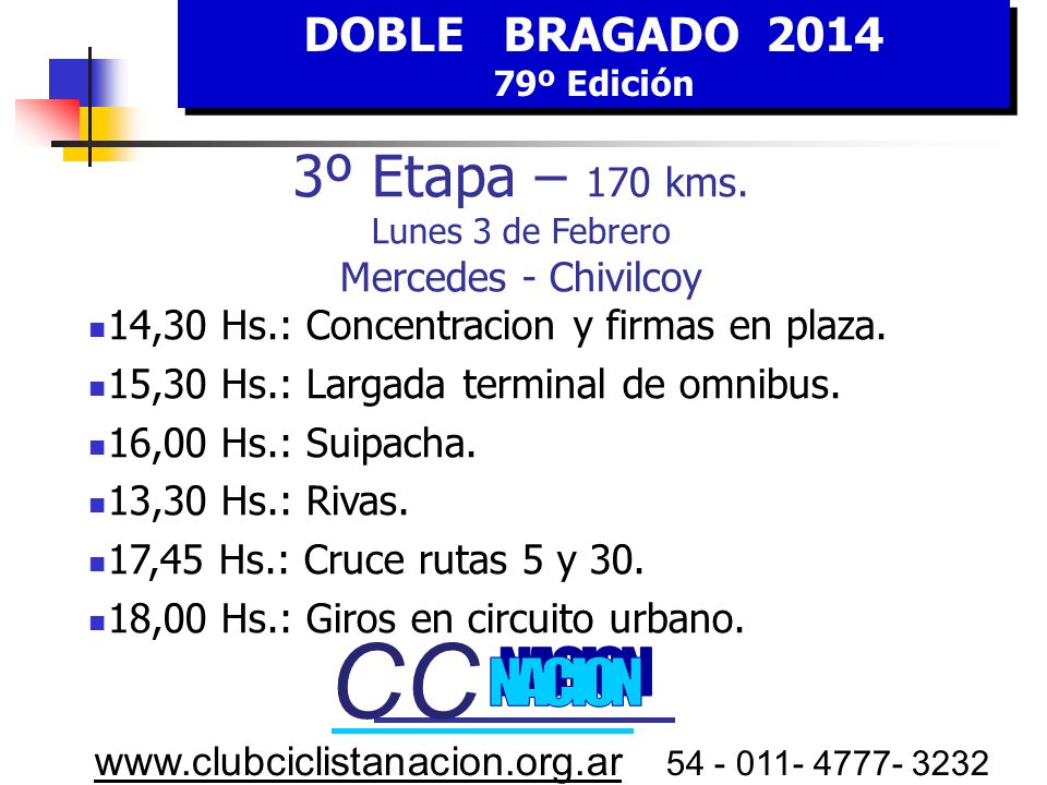 CC CC 3º Etapa – 170 kms. Lunes 3 de Febrero Mercedes - Chivilcoy