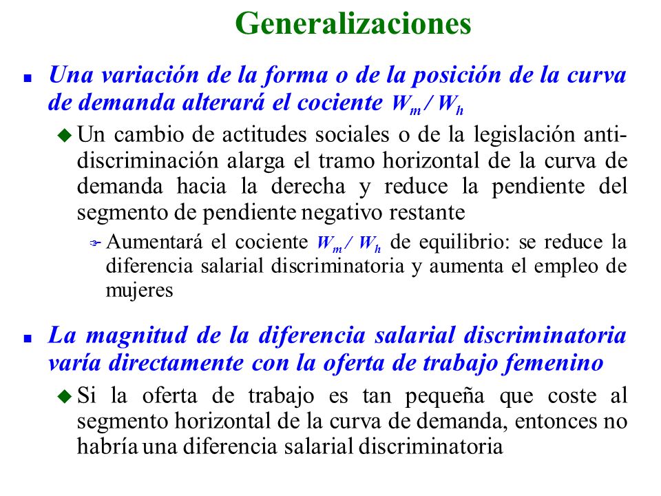 Generalizaciones Una variación de la forma o de la posición de la curva de demanda alterará el cociente Wm / Wh.