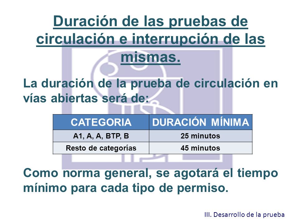 Duración de las pruebas de circulación e interrupción de las mismas.