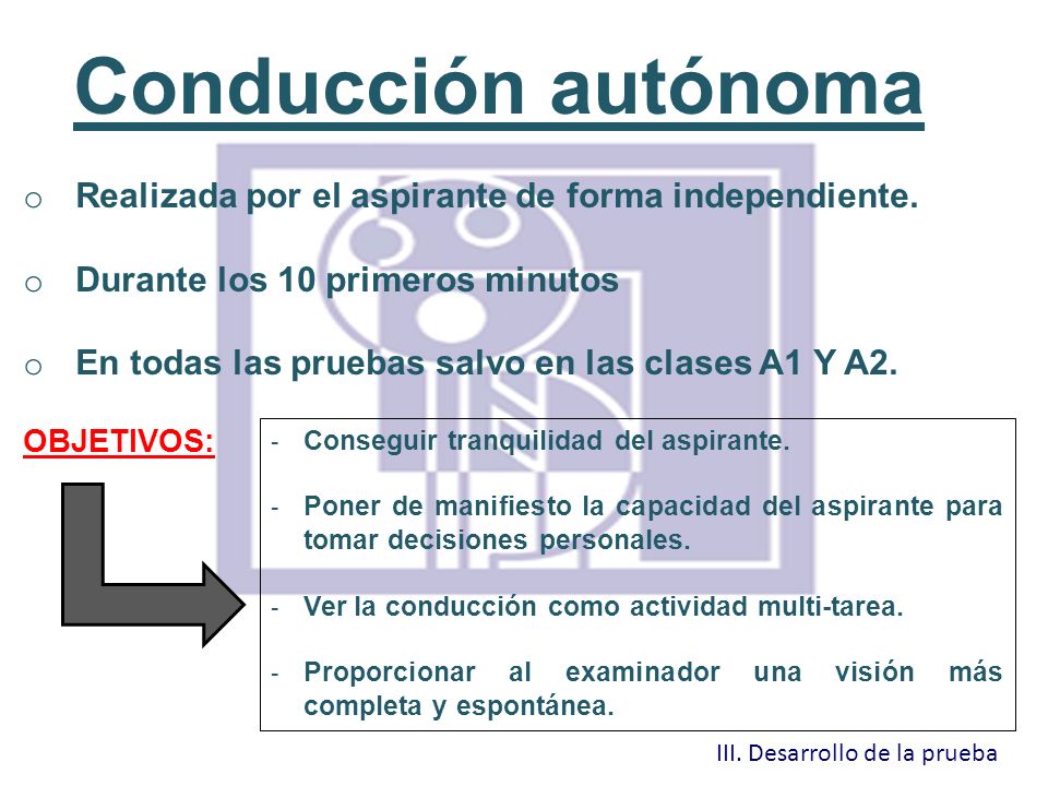 Conducción autónoma Realizada por el aspirante de forma independiente.