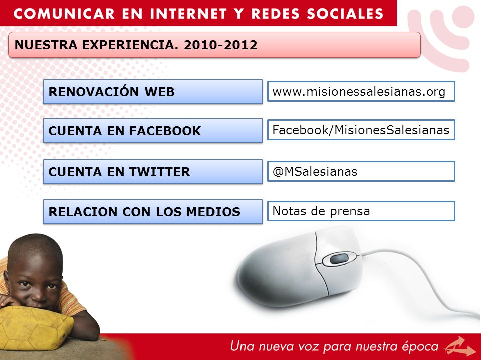 NUESTRA EXPERIENCIA RENOVACIÓN WEB.   CUENTA EN FACEBOOK. Facebook/MisionesSalesianas.