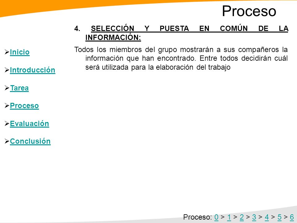 Proceso 4. SELECCIÓN Y PUESTA EN COMÚN DE LA INFORMACIÓN: