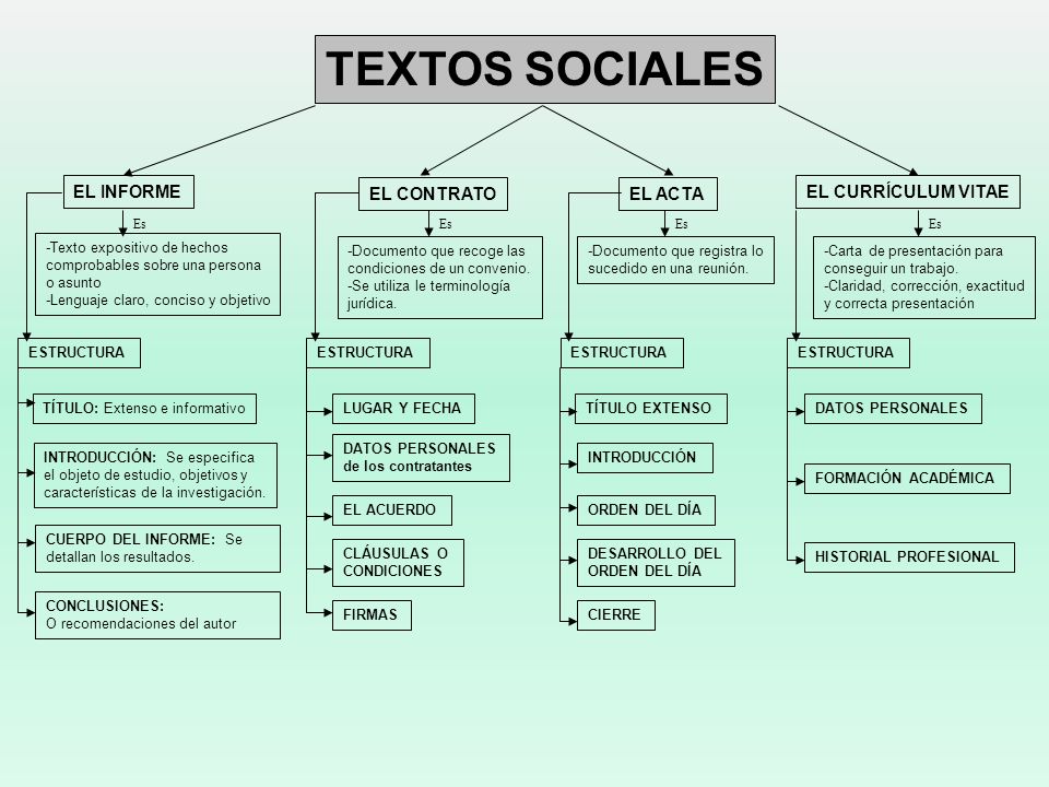 TEXTOS SOCIALES EL INFORME EL CONTRATO EL ACTA EL CURRÍCULUM VITAE