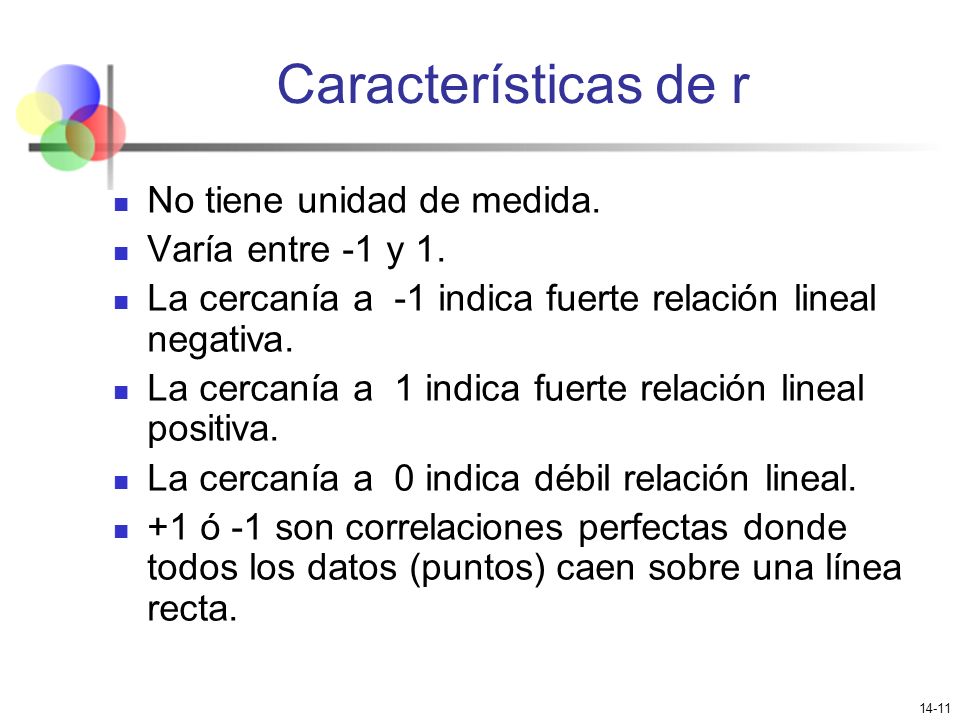 Características de r No tiene unidad de medida. Varía entre -1 y 1.