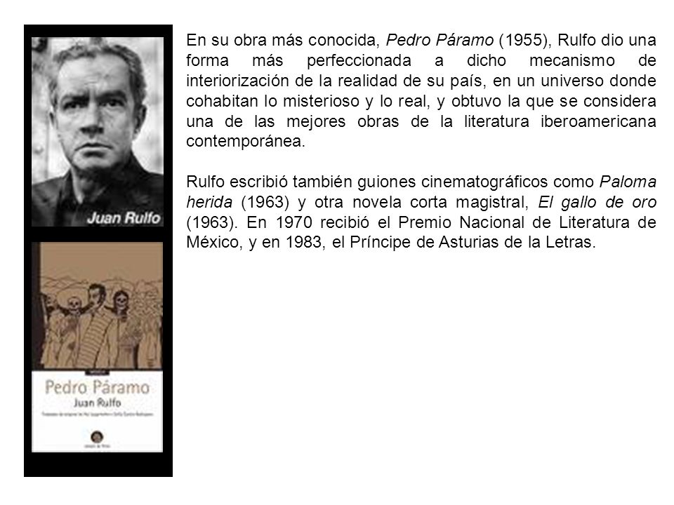 En su obra más conocida, Pedro Páramo (1955), Rulfo dio una forma más perfeccionada a dicho mecanismo de interiorización de la realidad de su país, en un universo donde cohabitan lo misterioso y lo real, y obtuvo la que se considera una de las mejores obras de la literatura iberoamericana contemporánea.