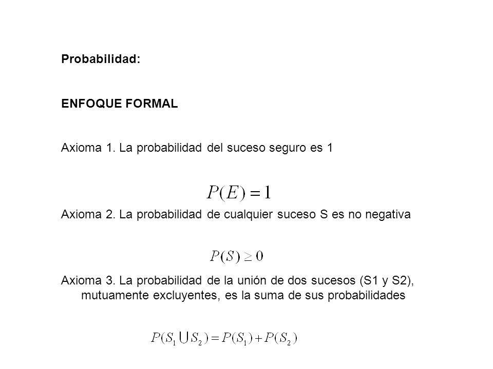 Probabilidad: ENFOQUE FORMAL. Axioma 1. La probabilidad del suceso seguro es 1. Axioma 2. La probabilidad de cualquier suceso S es no negativa.