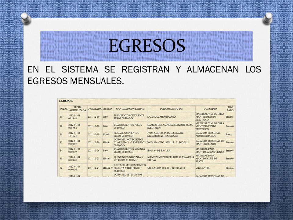 EGRESOS EN EL SISTEMA SE REGISTRAN Y ALMACENAN LOS EGRESOS MENSUALES.