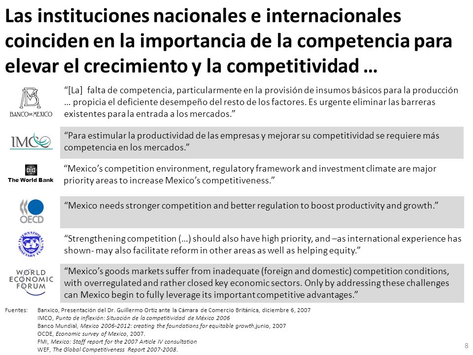 Las instituciones nacionales e internacionales coinciden en la importancia de la competencia para elevar el crecimiento y la competitividad …