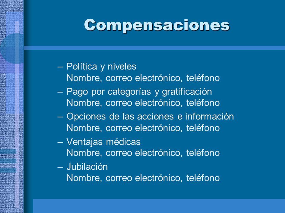 Compensaciones Política y niveles Nombre, correo electrónico, teléfono