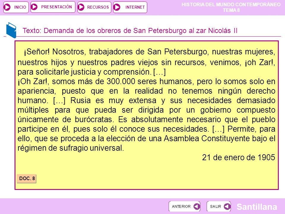 Texto: Demanda de los obreros de San Petersburgo al zar Nicolás II