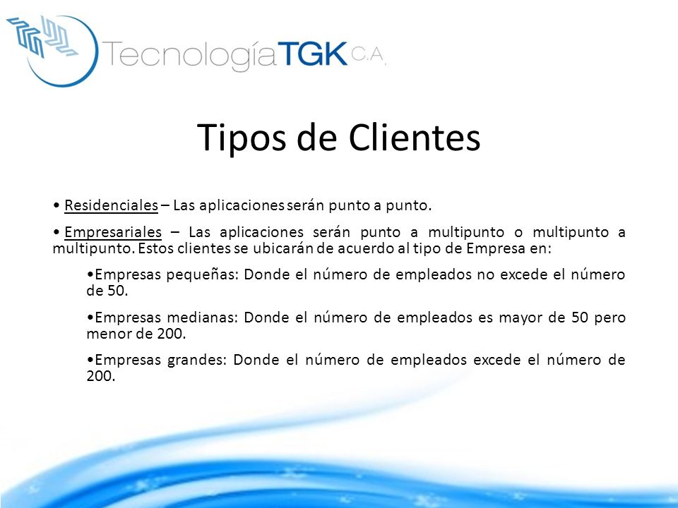 Tipos de Clientes Residenciales – Las aplicaciones serán punto a punto.