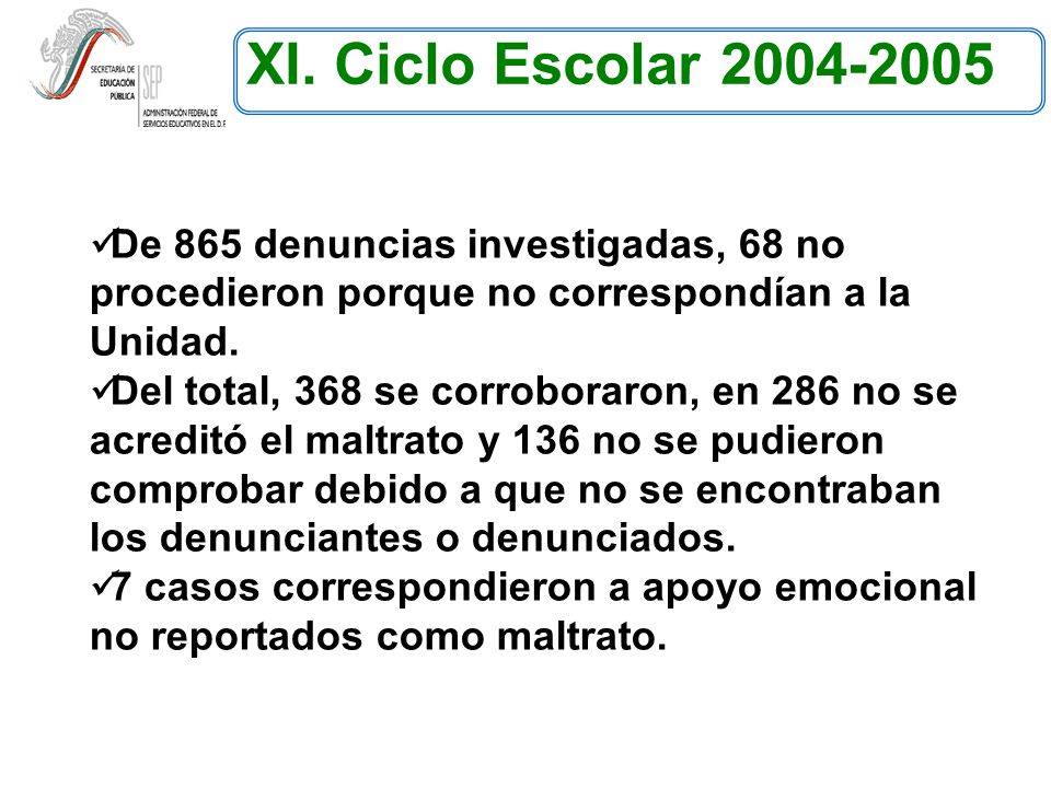 XI. Ciclo Escolar De 865 denuncias investigadas, 68 no procedieron porque no correspondían a la Unidad.
