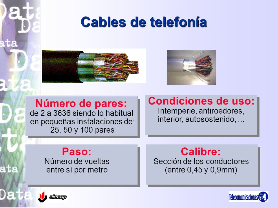 Cables de telefonía Condiciones de uso: Número de pares: Paso: