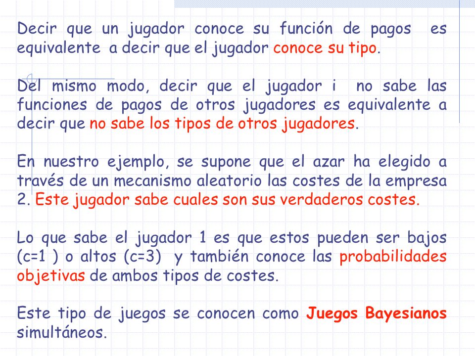 Decir que un jugador conoce su función de pagos es equivalente a decir que el jugador conoce su tipo.