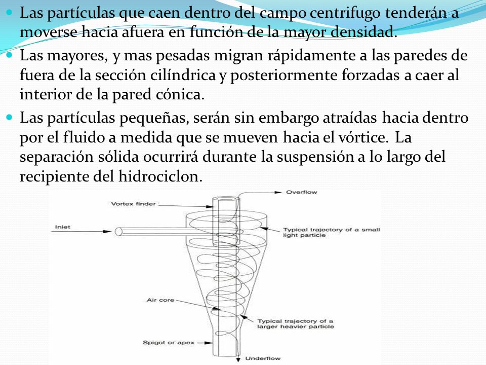 Las partículas que caen dentro del campo centrifugo tenderán a moverse hacia afuera en función de la mayor densidad.