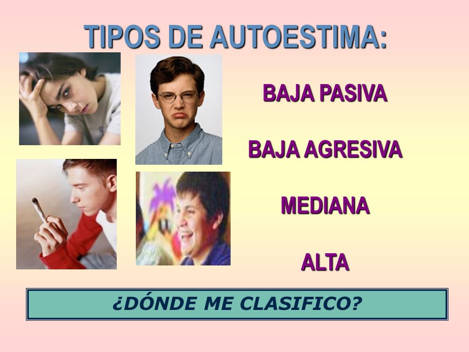 TIPOS DE AUTOESTIMA: BAJA PASIVA BAJA AGRESIVA MEDIANA ALTA