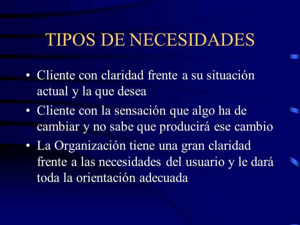 TIPOS DE NECESIDADES Cliente con claridad frente a su situación actual y la que desea.