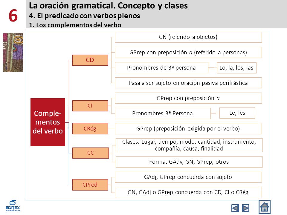 6 La oración gramatical. Concepto y clases 4. El predicado con verbos plenos 1. Los complementos del verbo.