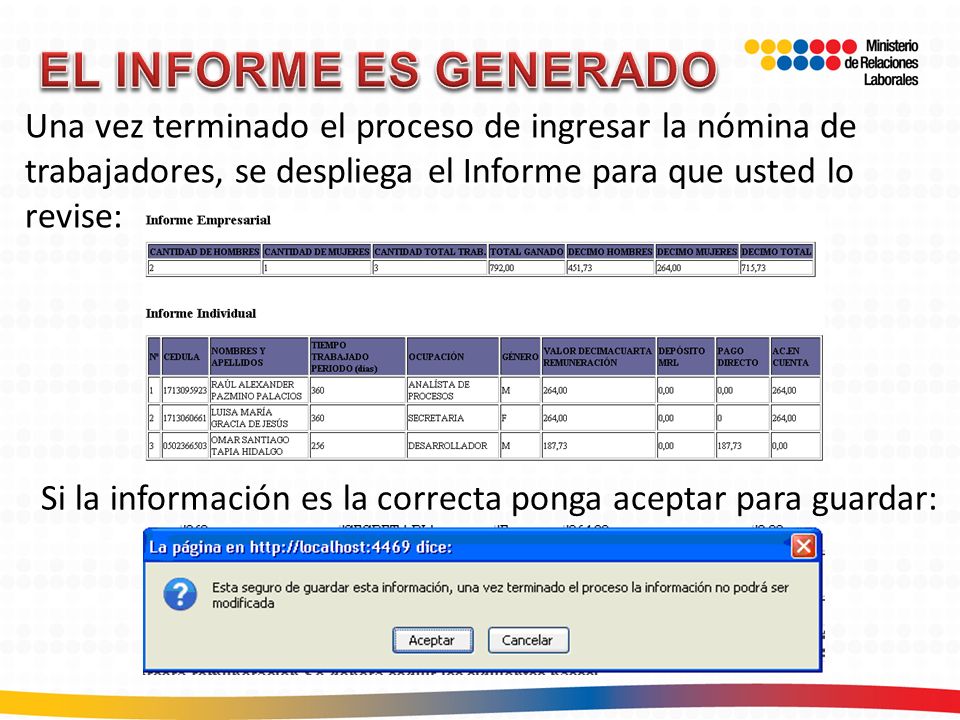 EL INFORME ES GENERADO Una vez terminado el proceso de ingresar la nómina de trabajadores, se despliega el Informe para que usted lo revise: