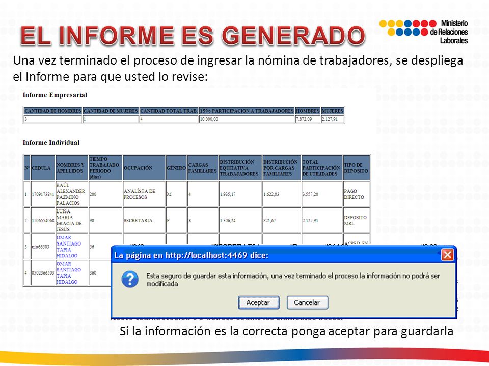 EL INFORME ES GENERADO Una vez terminado el proceso de ingresar la nómina de trabajadores, se despliega el Informe para que usted lo revise: