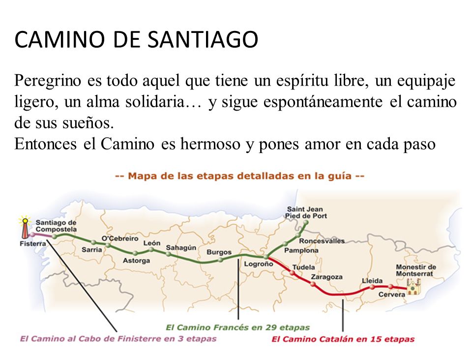 CAMINO DE SANTIAGO Peregrino es todo aquel que tiene un espíritu libre, un equipaje ligero, un alma solidaria… y sigue espontáneamente el camino de sus sueños.