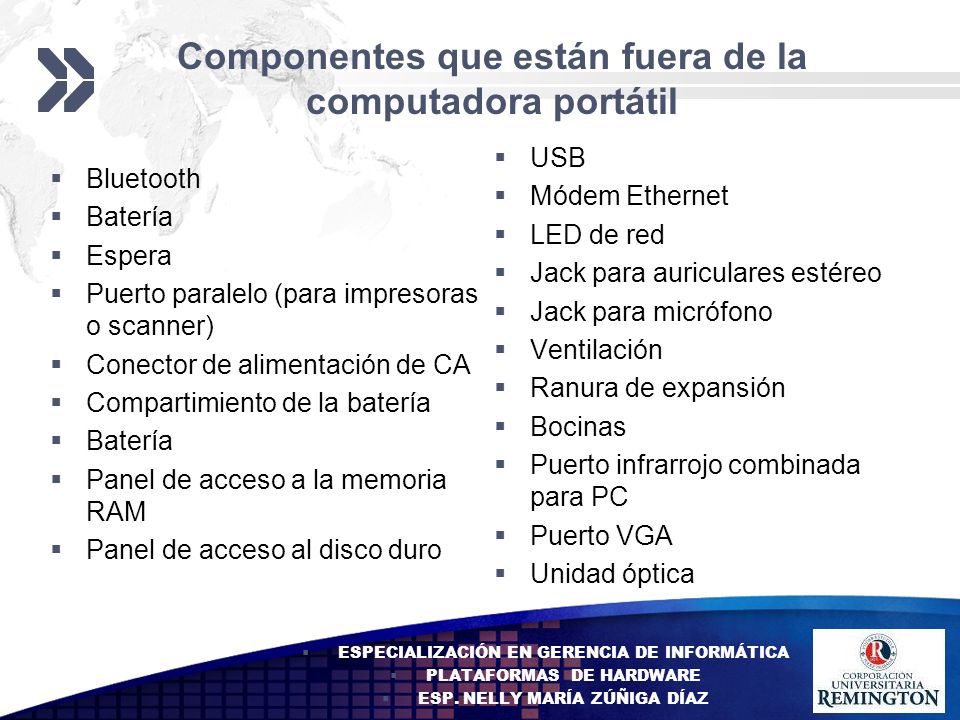 Componentes que están fuera de la computadora portátil