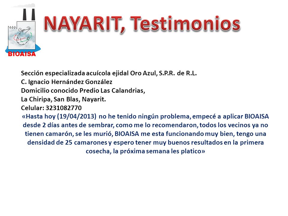 BIOAISA NAYARIT, Testimonios. Sección especializada acuícola ejidal Oro Azul, S.P.R. de R.L. C. Ignacio Hernández González.