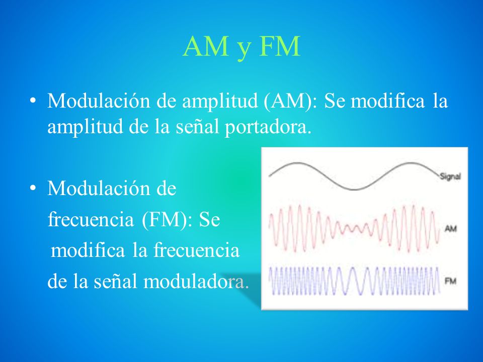AM y FM Modulación de amplitud (AM): Se modifica la amplitud de la señal portadora. Modulación de.