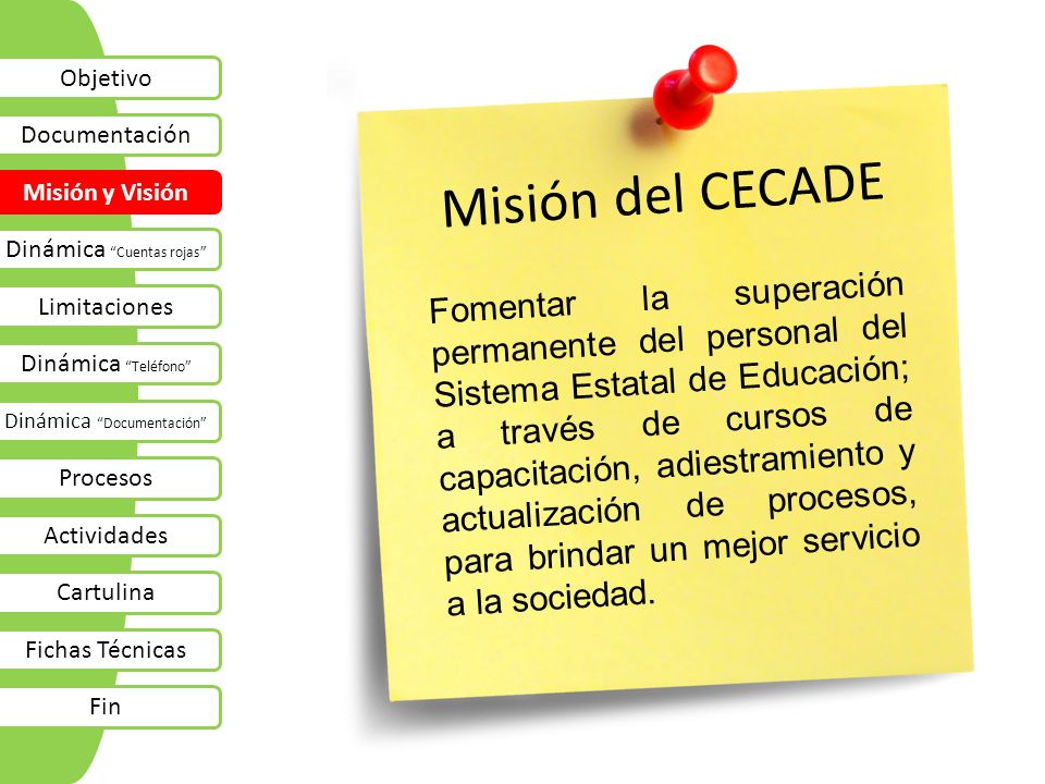 Objetivo Documentación. Misión del CECADE. Misión y Visión. Dinámica Cuentas rojas