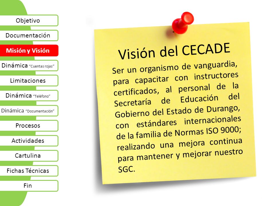 Objetivo Documentación. Visión del CECADE. Misión y Visión. Dinámica Cuentas rojas