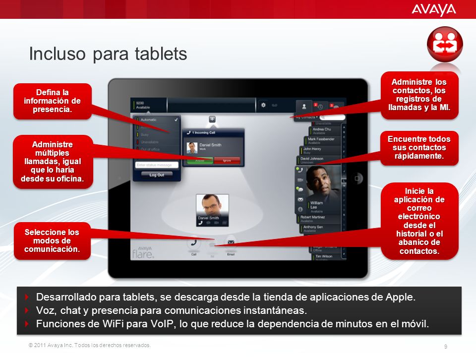 Incluso para tablets Administre los contactos, los registros de llamadas y la MI. Defina la información de presencia.