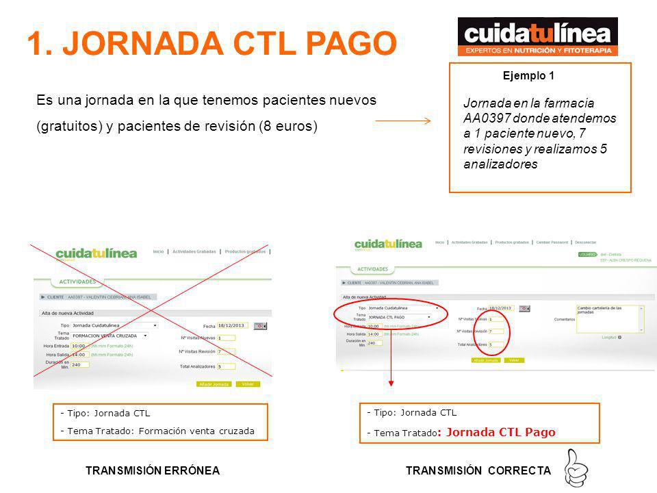 1. JORNADA CTL PAGO Ejemplo 1. Jornada en la farmacia AA0397 donde atendemos a 1 paciente nuevo, 7 revisiones y realizamos 5 analizadores.