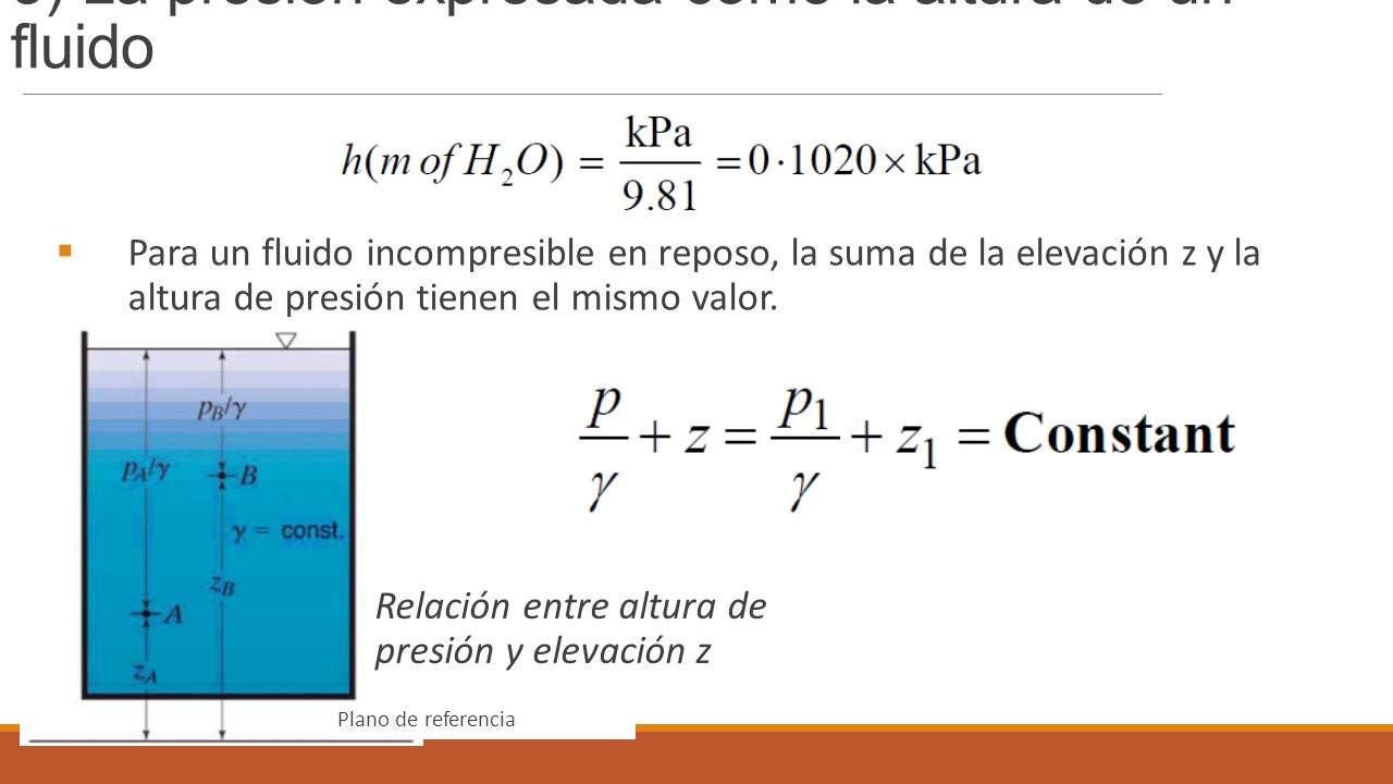 3) La presión expresada como la altura de un fluido