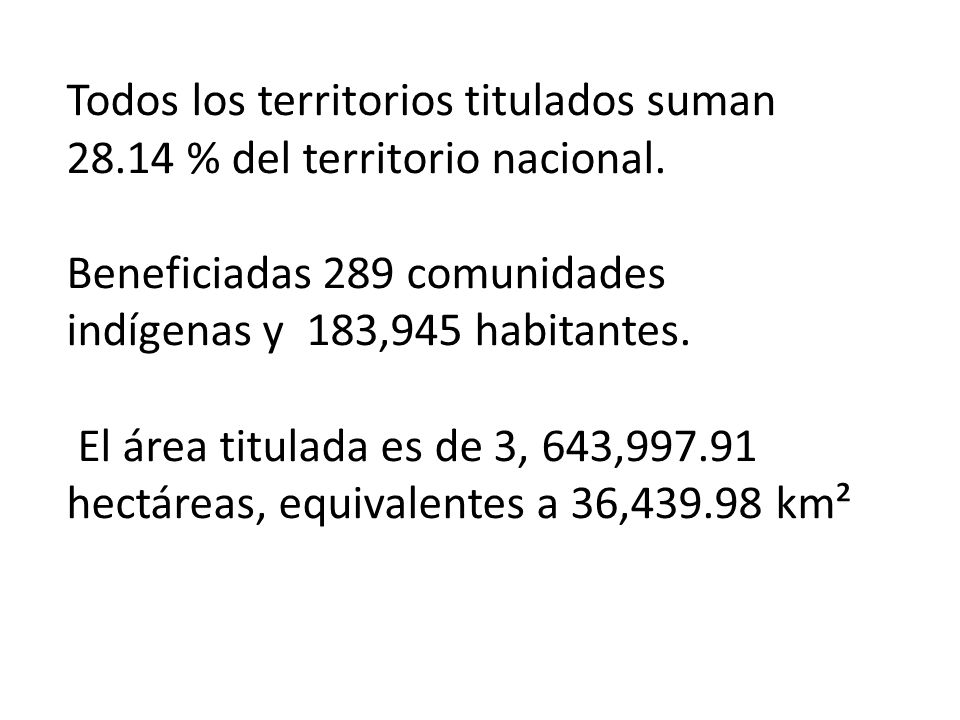 Todos los territorios titulados suman % del territorio nacional.