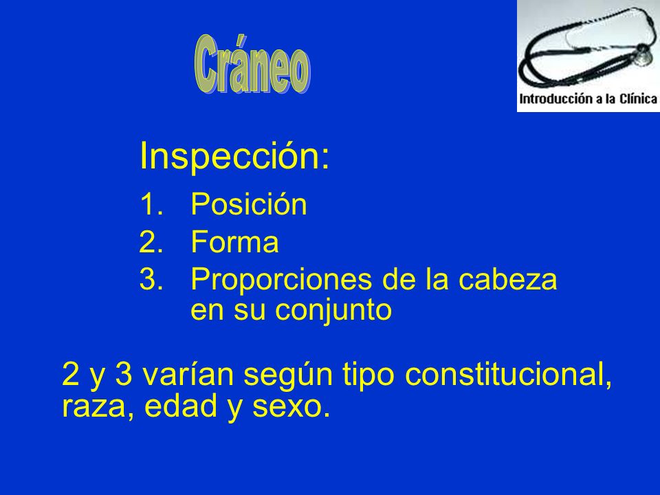 Inspección: 2 y 3 varían según tipo constitucional, raza, edad y sexo.