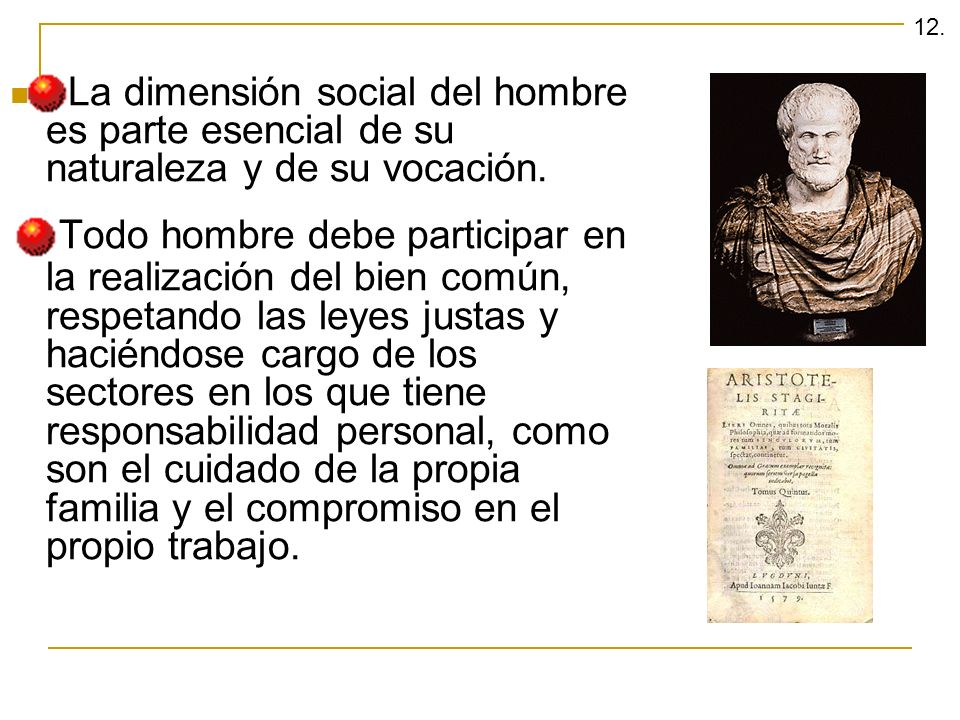 12. La dimensión social del hombre es parte esencial de su naturaleza y de su vocación.