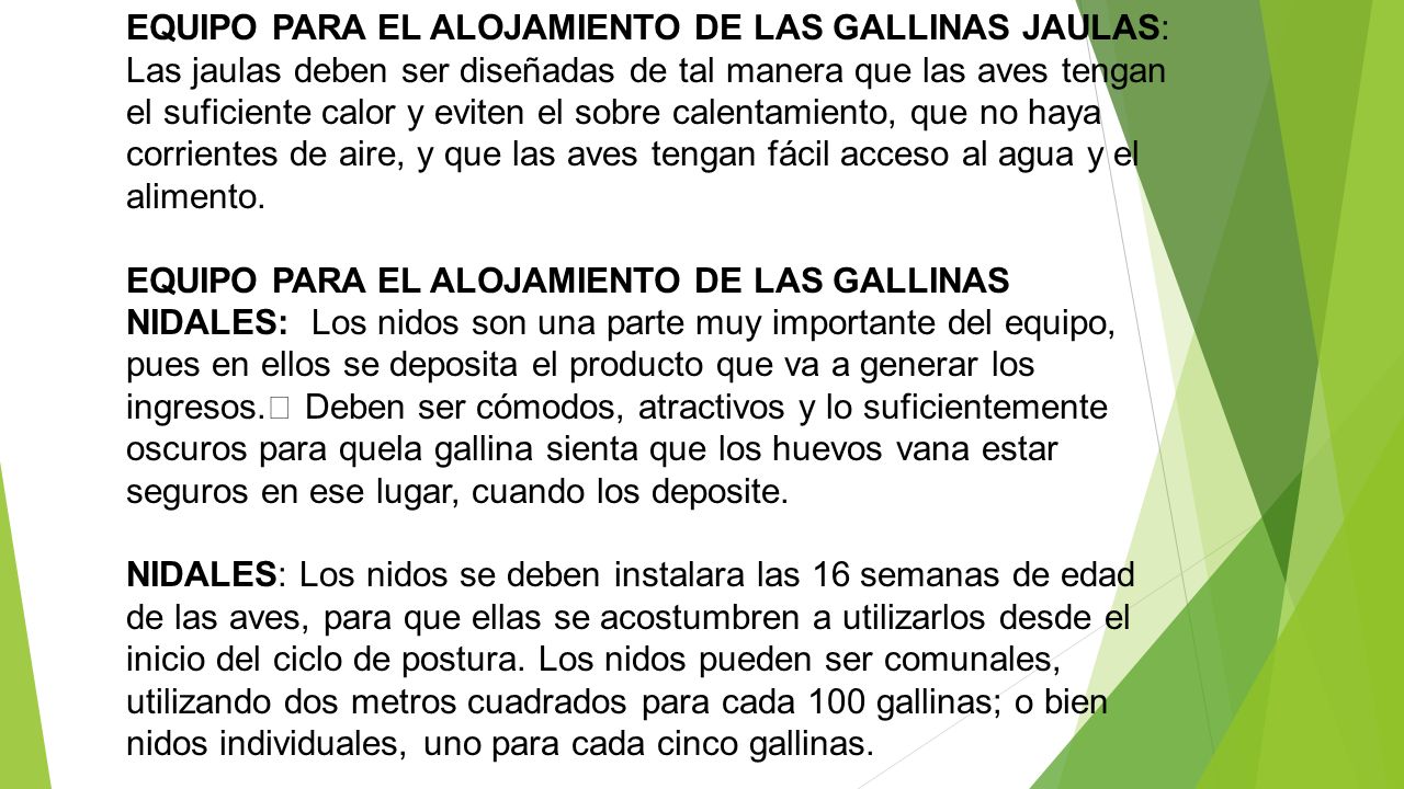 EQUIPO PARA EL ALOJAMIENTO DE LAS GALLINAS JAULAS: Las jaulas deben ser diseñadas de tal manera que las aves tengan el suficiente calor y eviten el sobre calentamiento, que no haya corrientes de aire, y que las aves tengan fácil acceso al agua y el alimento.