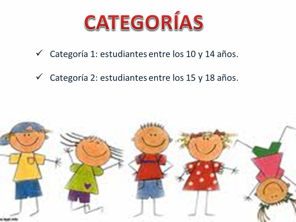 CATEGORÍAS Categoría 1: estudiantes entre los 10 y 14 años.