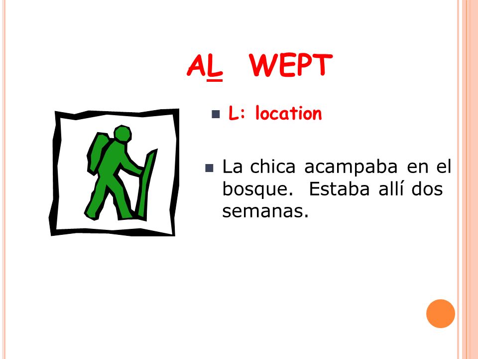 AL WEPT L: location La chica acampaba en el bosque. Estaba allí dos semanas.