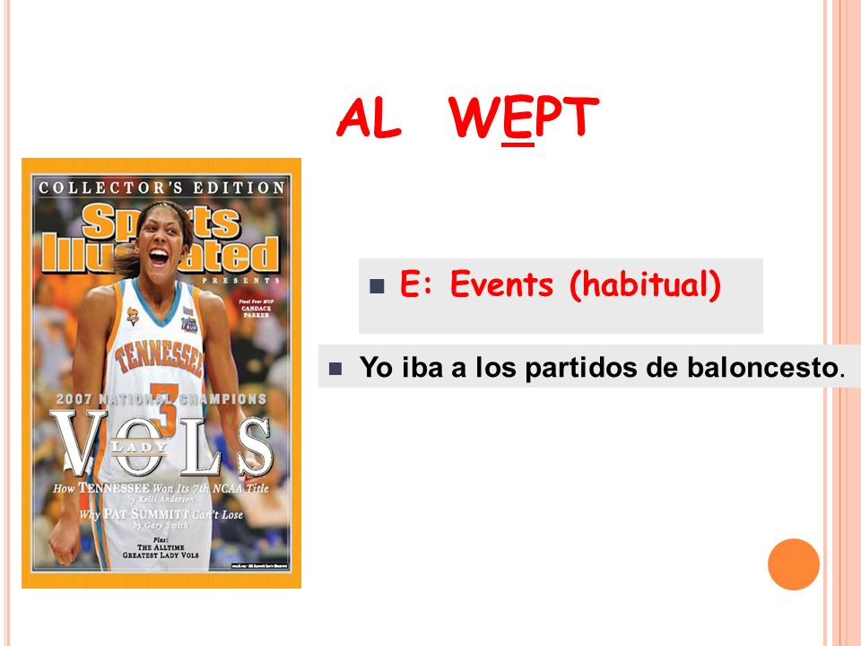 AL WEPT E: Events (habitual) Yo iba a los partidos de baloncesto.