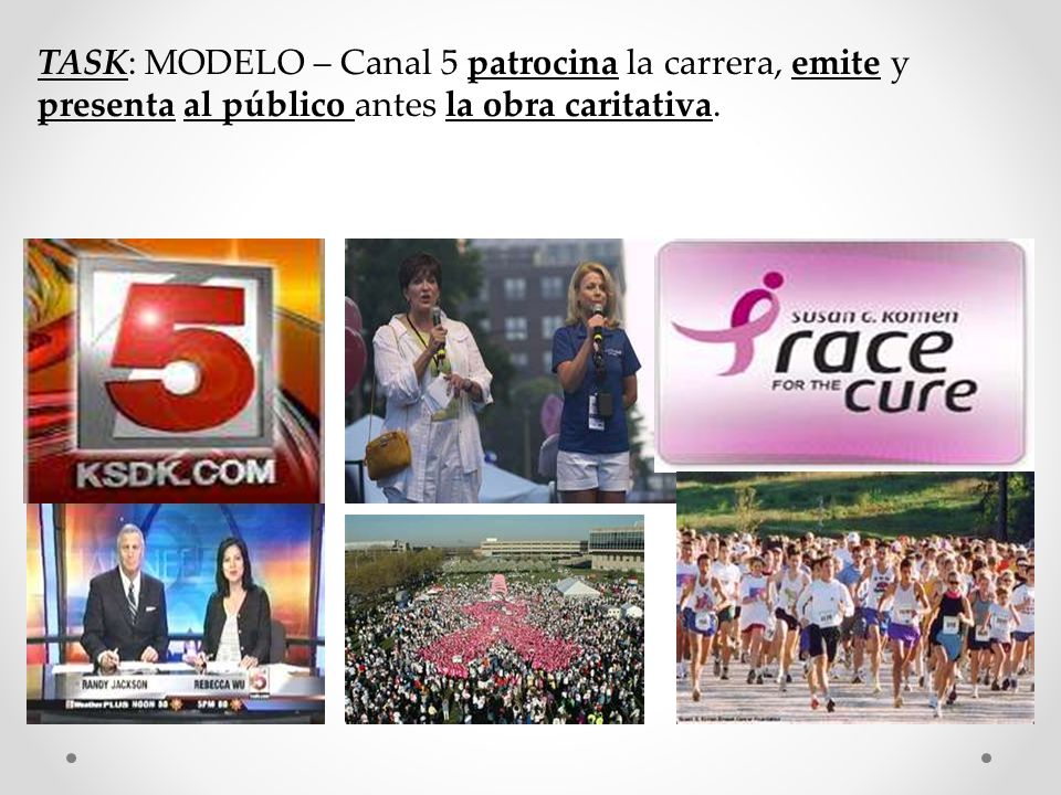 TASK: MODELO – Canal 5 patrocina la carrera, emite y presenta al público antes la obra caritativa.