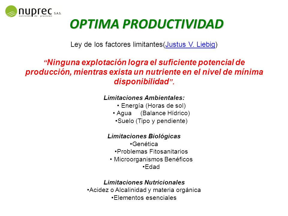 OPTIMA PRODUCTIVIDAD Ley de los factores limitantes(Justus V. Liebig)