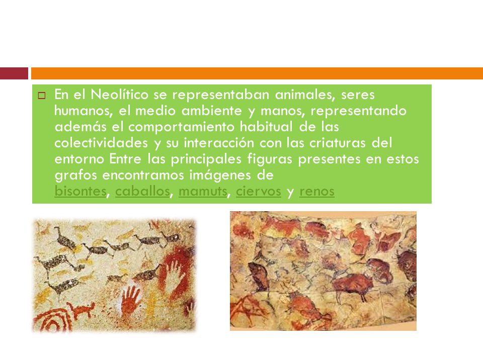 En el Neolítico se representaban animales, seres humanos, el medio ambiente y manos, representando además el comportamiento habitual de las colectividades y su interacción con las criaturas del entorno Entre las principales figuras presentes en estos grafos encontramos imágenes de bisontes, caballos, mamuts, ciervos y renos