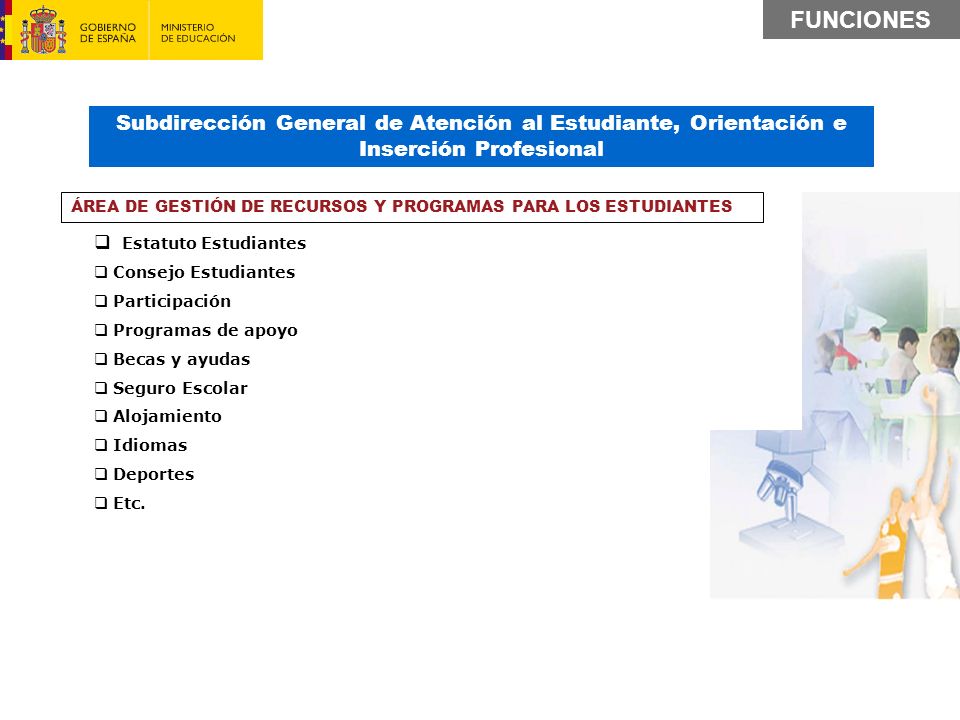 FUNCIONES Subdirección General de Atención al Estudiante, Orientación e Inserción Profesional. Estatuto Estudiantes.