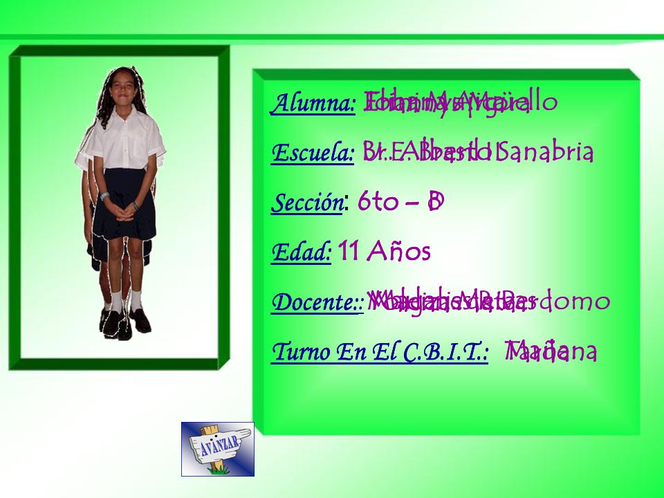 Alumna: Eliannys Mora Escuela: U.E. Brasil II. Sección: 6to – D. Edad: 11 Años. Docente: Yoleiza Mata.